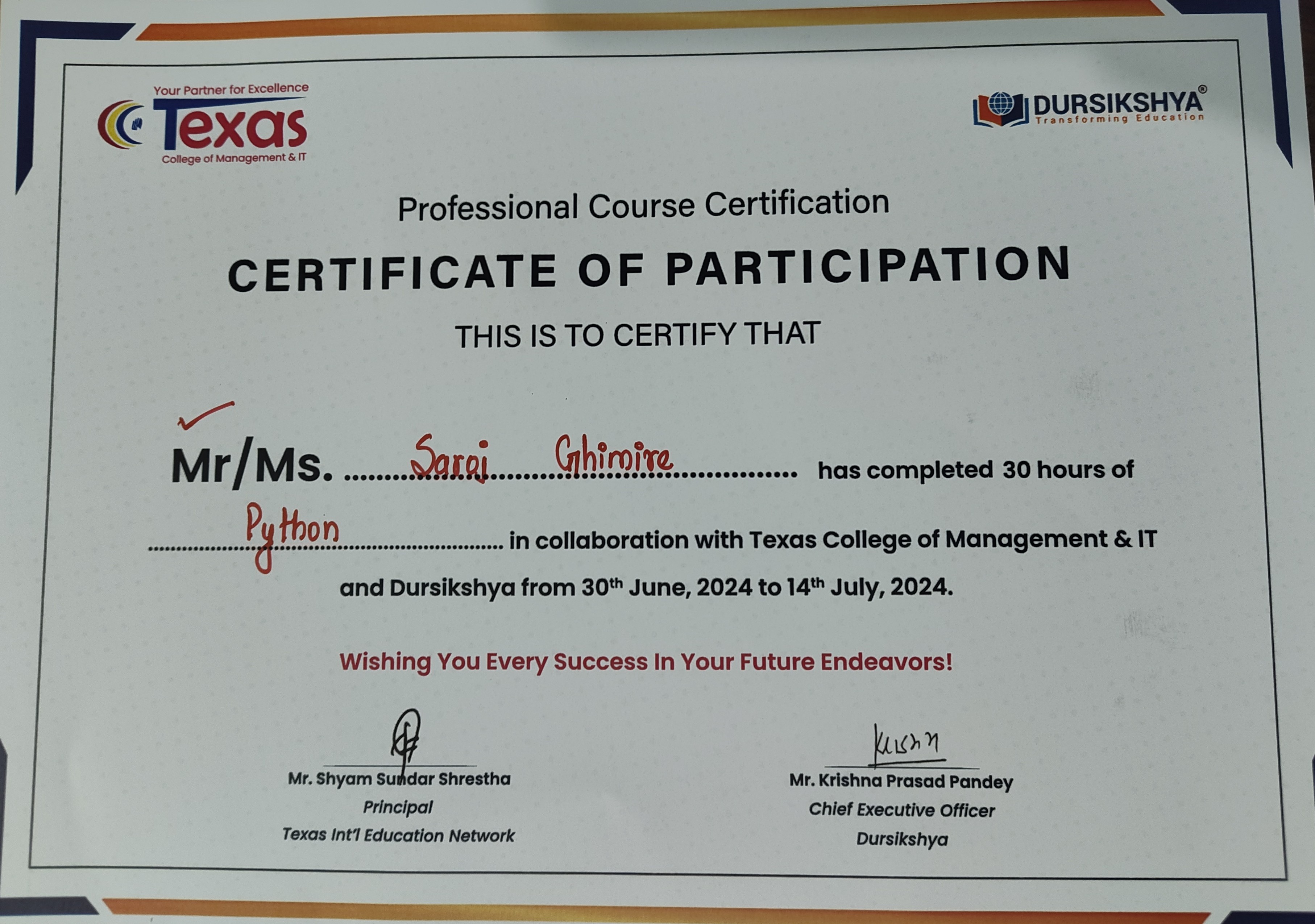 30 Hours of Python Certification - Saroj Ghimire