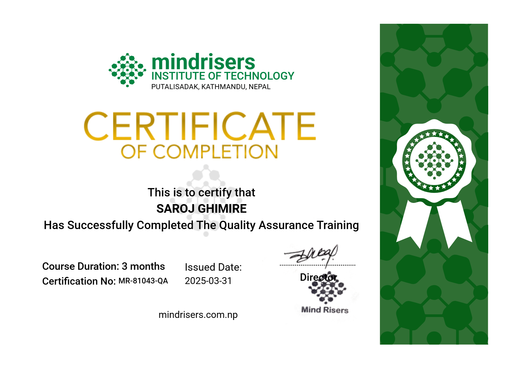 Quality Assurance Training Certification - Saroj Ghimire